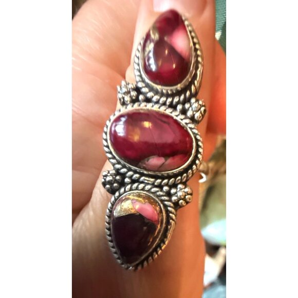 Red Dahlia Turquoise Sterling Silver Closed Back Ring Size 10 - Picture 2 of 5